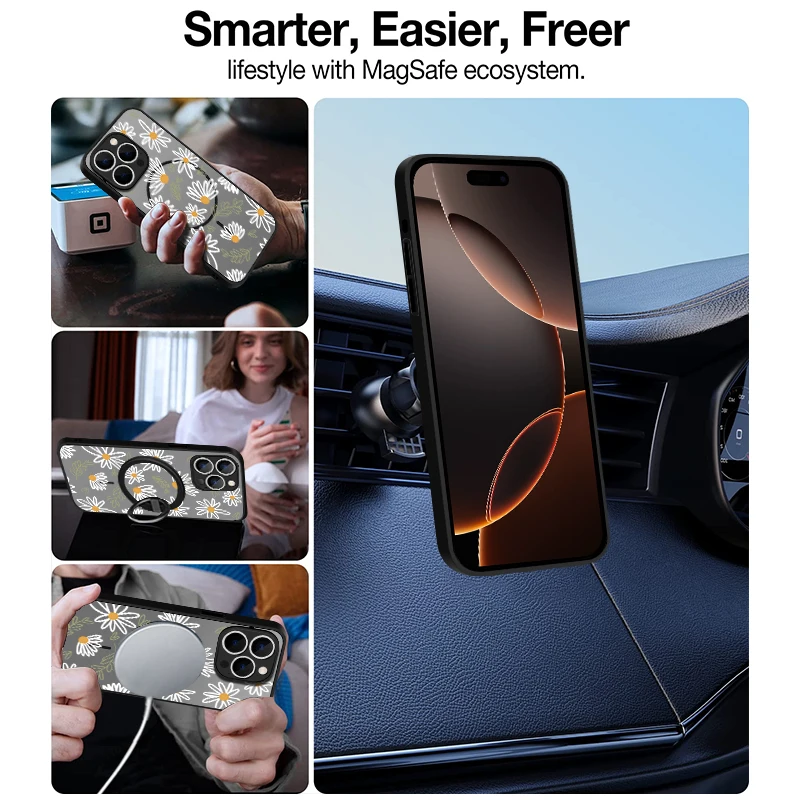 حافظة مغناطيسية صلبة غير لامعة لهاتف آيفون 16e 16 15 Pro Max 14 13 Pro لهاتف Magsafe شحن لاسلكي غطاء هاتف مطبوع عليه زهور صغيرة