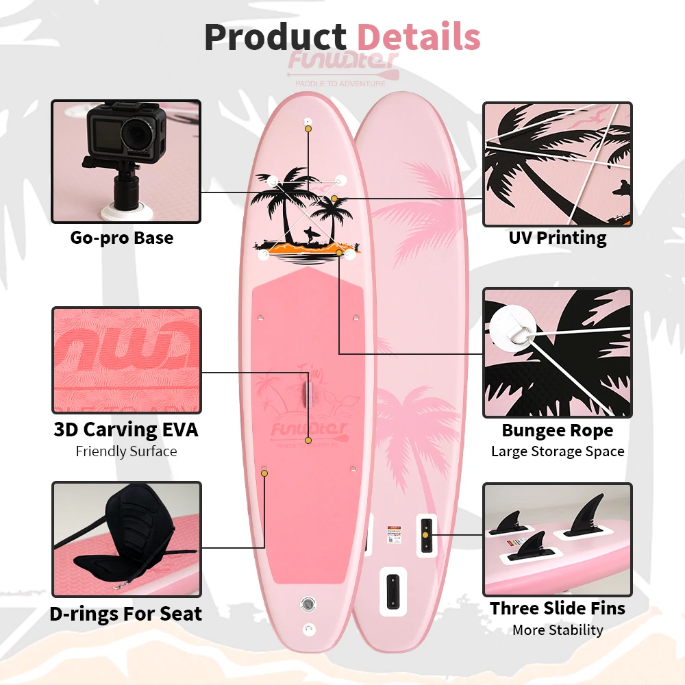 Funwater 11ft 32" Pinkes Palm-Design Aufblasbares Stand-Up-Paddle-Board Kajaksitz Wasserdichte Handytasche ISUP Komplettset SUP für Erwachsene – Detail 5