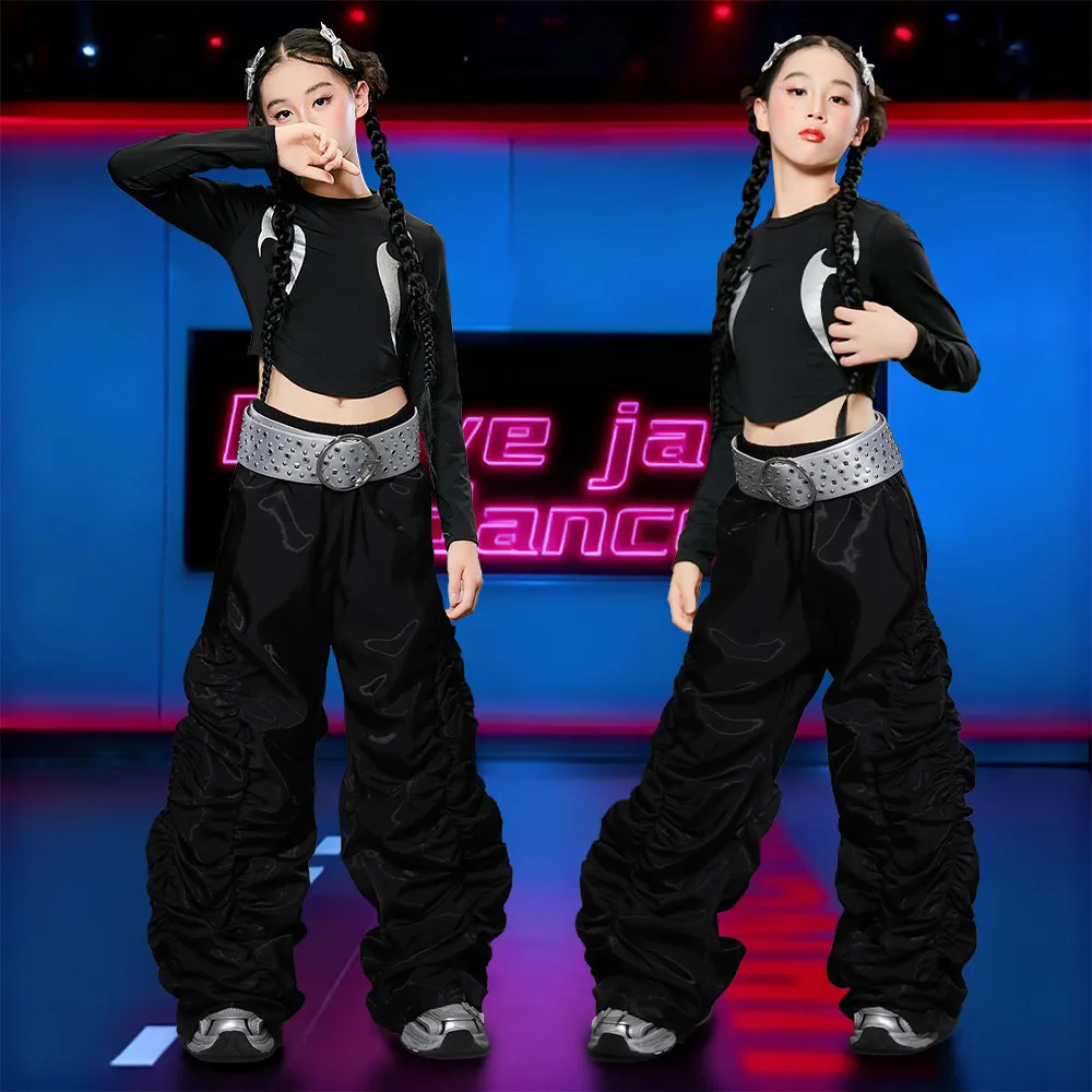 

Детские костюмы для танцев в стиле хип-хоп для девочек, черные наряды в стиле K-pop, современная одежда для джазовых танцев, сценических выступлений и рейвов, модель XH4154 (2026)