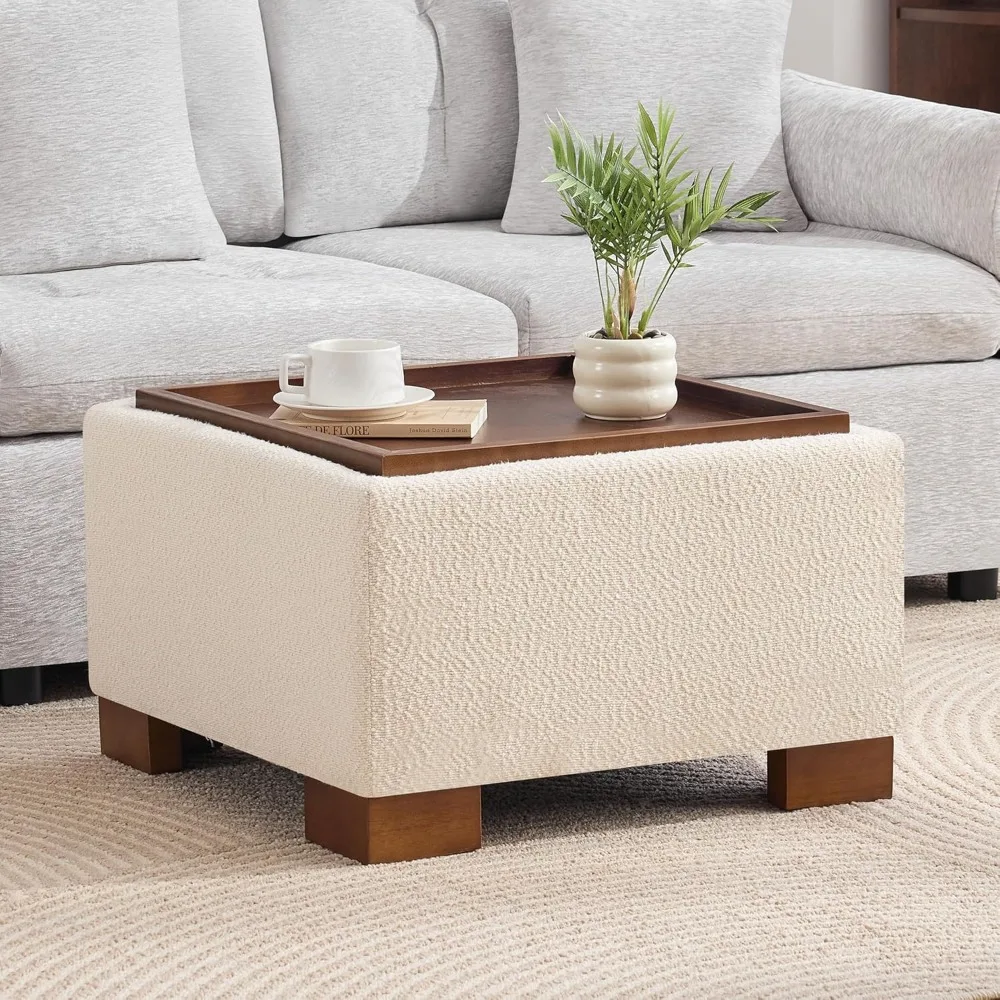 

24" Square Ottoman Coffee Table with Storage, Boucle Ottomans with Tray and Solid Wood Legs for Living Room, Customized