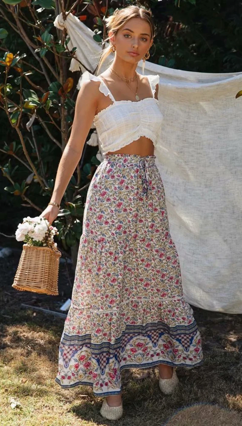 TEELYNN Elastic waist maxi skirt women loose casual vintage beige floral print cotton summer skirts 2020 beach boho long falda