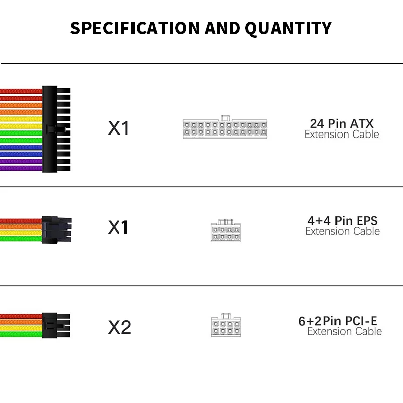 TEUCER TC-35 PSU Extension Cable Kit Solid Color Cable Solid Combo 350mm ATX24Pin PCI-E8Pin CPU8Pin With Combs Power Cable