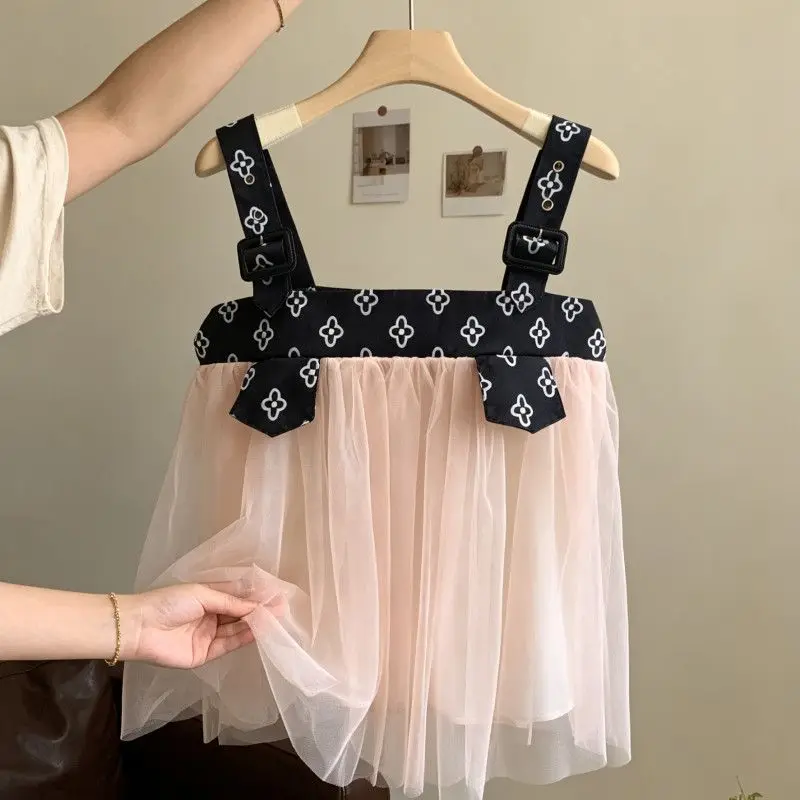 Coquette Sweet Korean Chic Floral Print Buckle Strap Mesh Mini Skirt Women High Waist A Line Ruffle Slim Fit Date Night Outfit