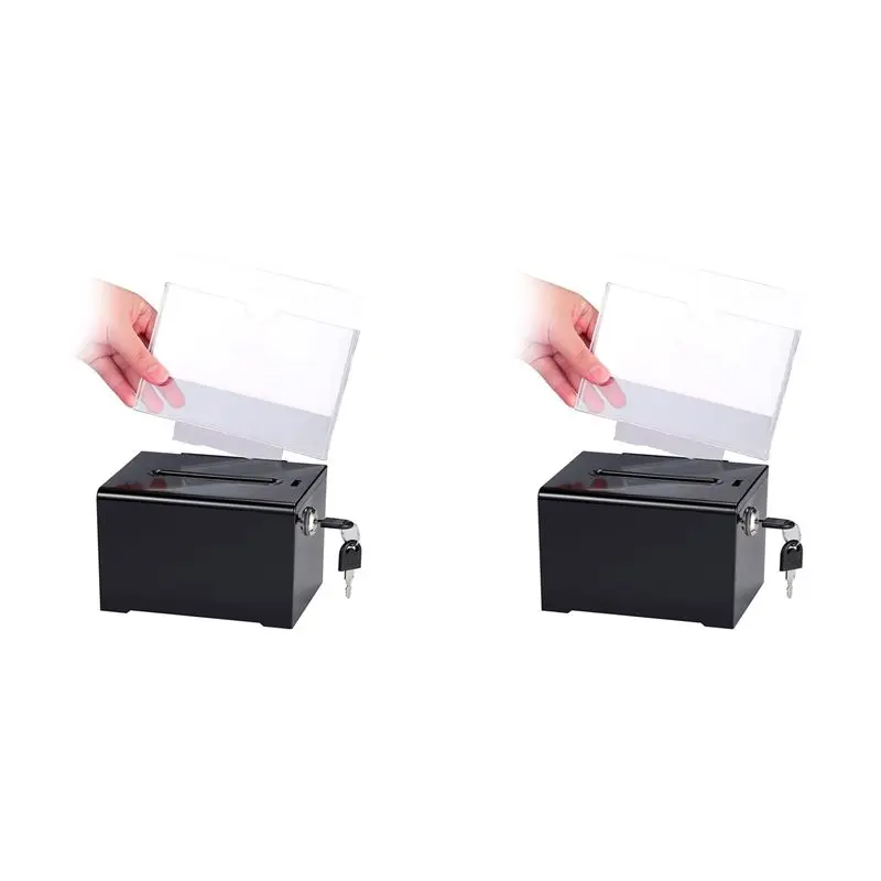 A53Q-2X Donation Box With Lock - Acrylic Suggestion Box With Slot, Ballot Lock Box With Sign Holder For Raffle, Voting Black