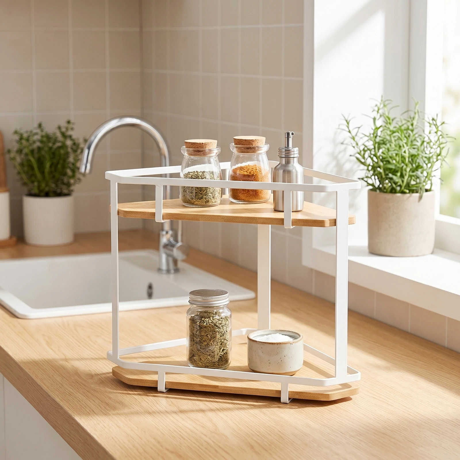 Corner Seasoning Rack Freestanding Two-Tier Seasoning Rack Kitchen Corner Shelf Space-Saving for Pantry
