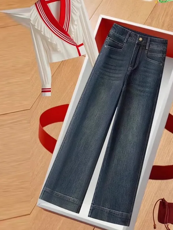 Retro Slim Wide Leg Denim Jeans Women's Summer 2025 New High Waist Slimming Small Size Drape Casual Straight Leg Pants