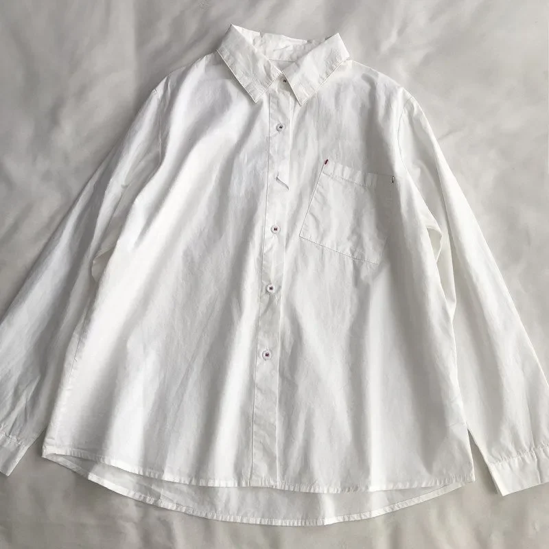 

Women's Casual White Button Down Shirt Red Stitch Detail Long Sleeve Cotton Blouse