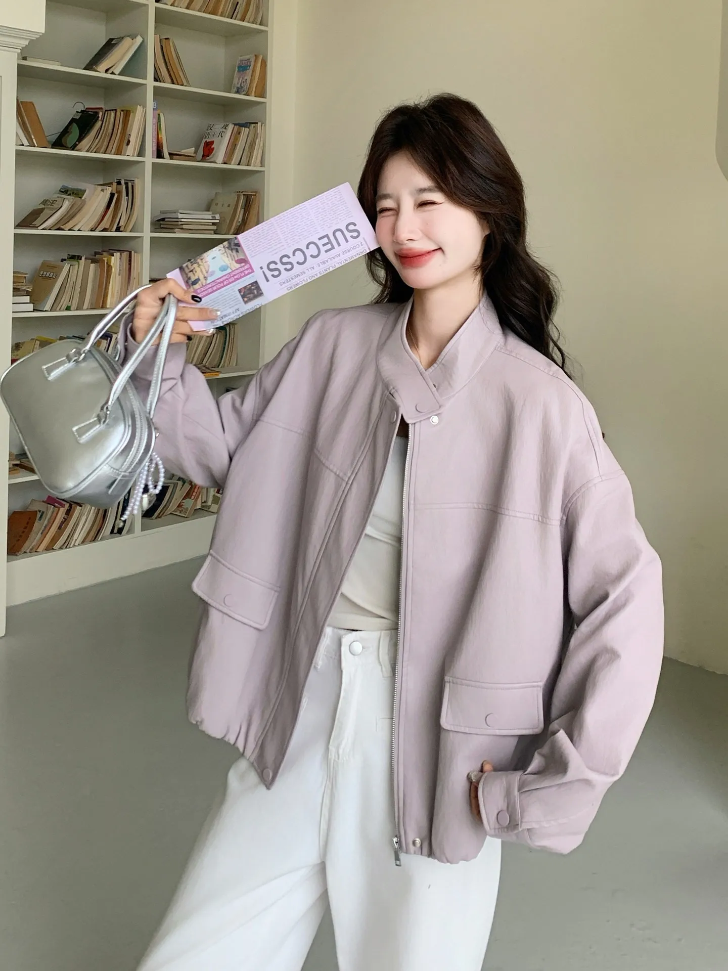 

Casual Purple PU Leather Jacket Women's 2026 Spring New Korean Version Simple Fashion Universal Motorcycle Jacket Top