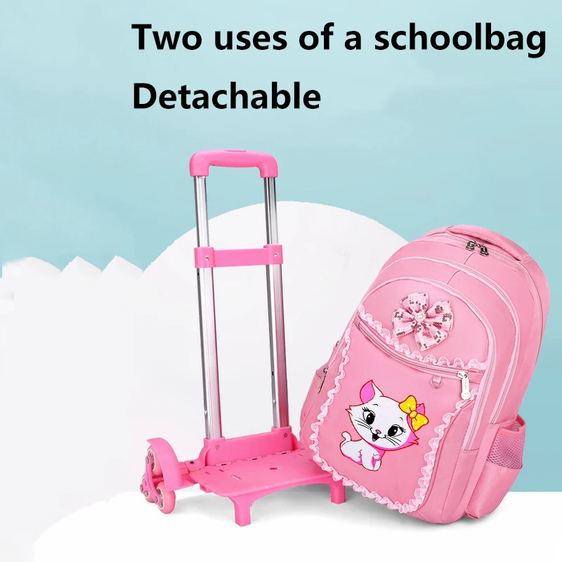 Cute Cat Children School Backpack with 6 Wheels Rolling School Bag Trolley Bag Climbing stairs Students Backpack For Girls