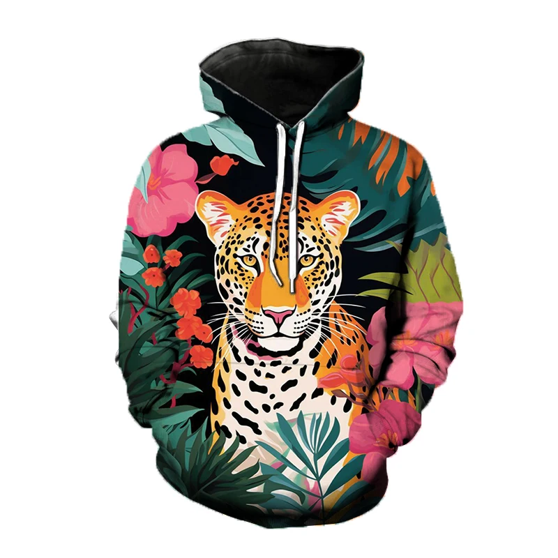 

3D Jungle Leopard Print Men's Hoodies Fashion Animal Floral Pattern Long Sleeve Tops Autumn Outdoor Casual Loose Hooded Clothing