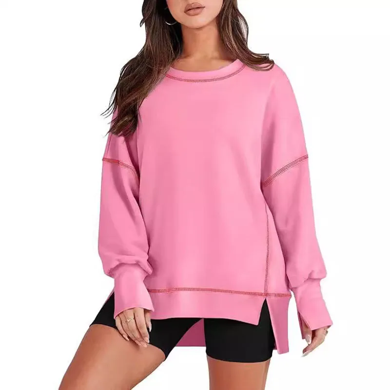 

2024 Popular Women's T-shirt Loose Fitting Pullover, Side Slit Long Sleeved Round Neck Sweatshirt