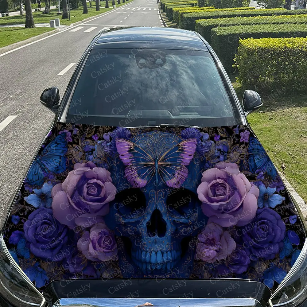 Car Decal Skull with Purple & Blue Roses and Butterflies for a Bold, Nature-Infused Aesthetic Car Hood Sticker, Waterproof Self view 4