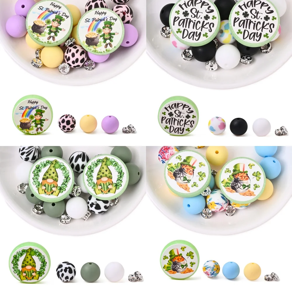 15Pcs St. Patrick's Park Series Silicone Bead Set, for DIY Handmade Crafts Such As Keychains Necklaces Bracelets Pacifier Chian