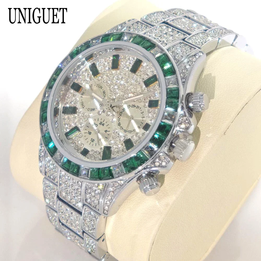 

Популярные модные зеленые часы, мужские брендовые UNIGUET, роскошные кварцевые наручные часы из нержавеющей стали в стиле хип-хоп с радужными бриллиантами, мужские дропшиппинг ﻿