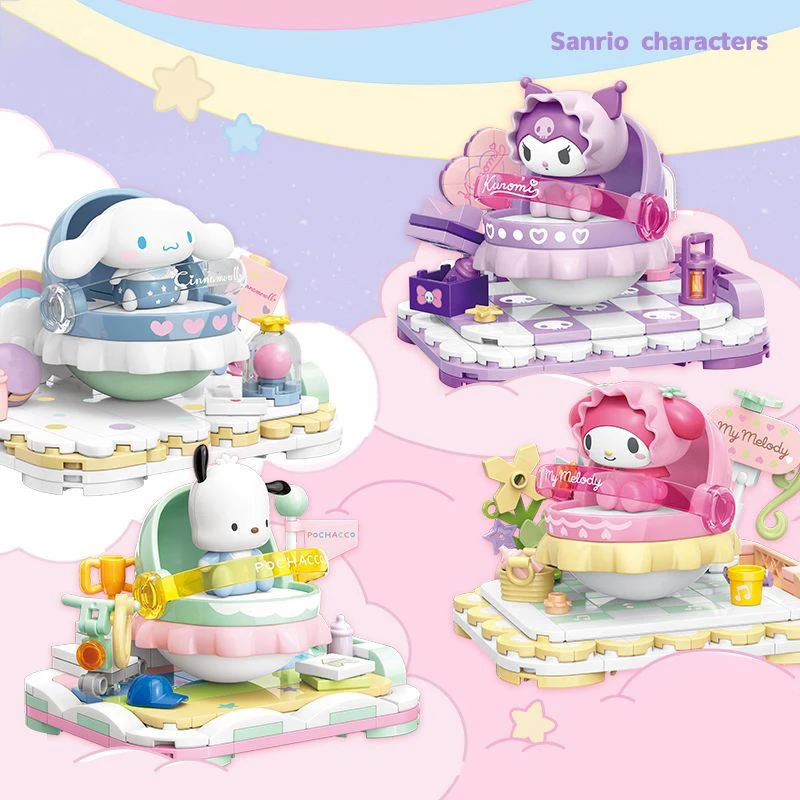 

New Sanrio Building Blocks Colorful Park Kuromi Cinnamoroll Pochacco Pompom Purin Assembly Model Decoration Children's Toys Gift