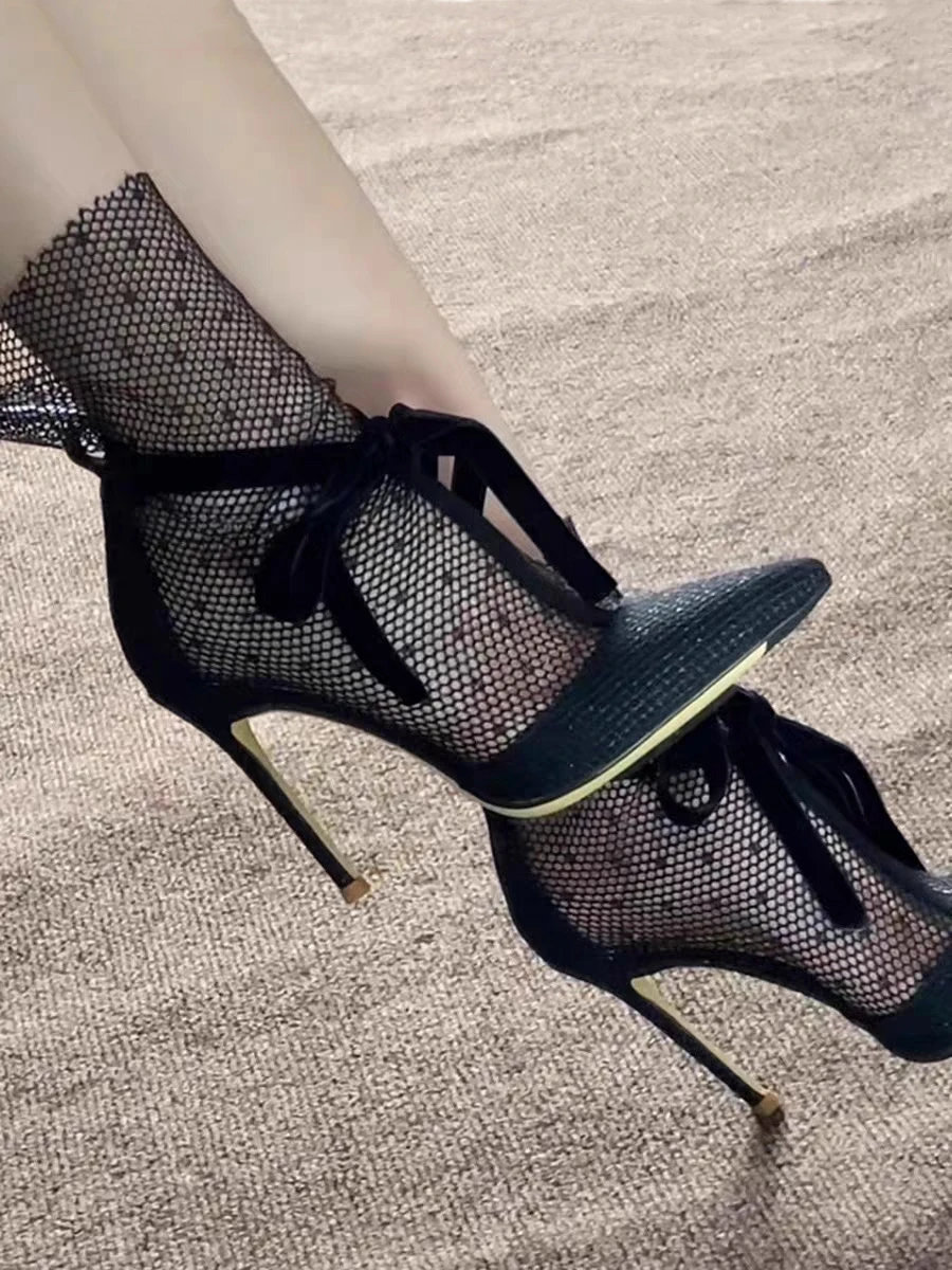 Spring and summer new pointed toe breathable lace mesh women's shoes thin heel banquet dress cool boots versatile high heels