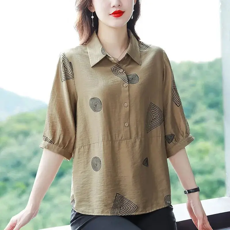 Middle Aged Women Summer Fashion Geometric Print Button Up Shirt Casual Lapel Cotton Linen Blouse Ladies Short Sleeve Loose Tops