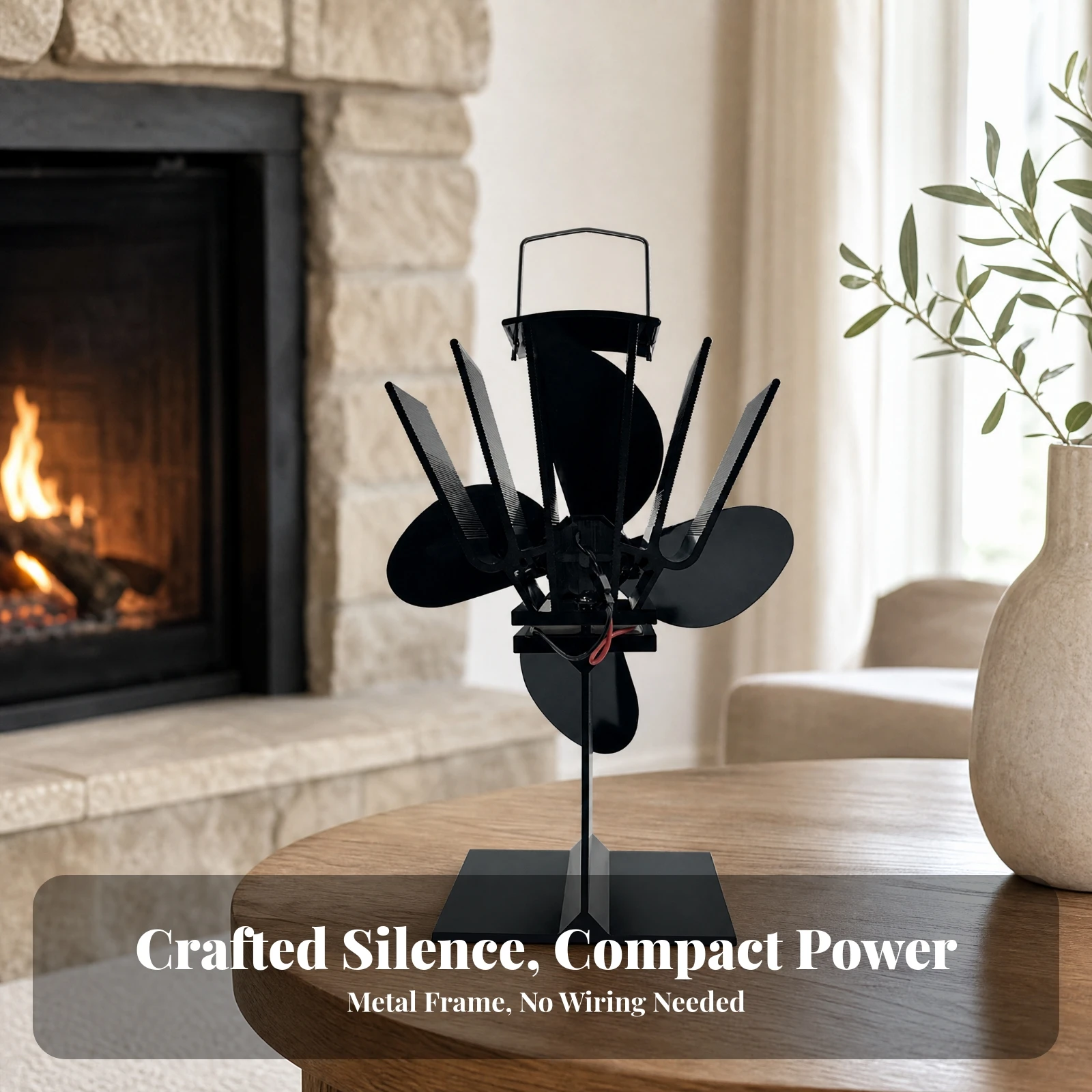 Freestanding Fireplace Circulation Fan Cordless Four-Blade Heat-Powered Fan Quiet No Electricity Needed
