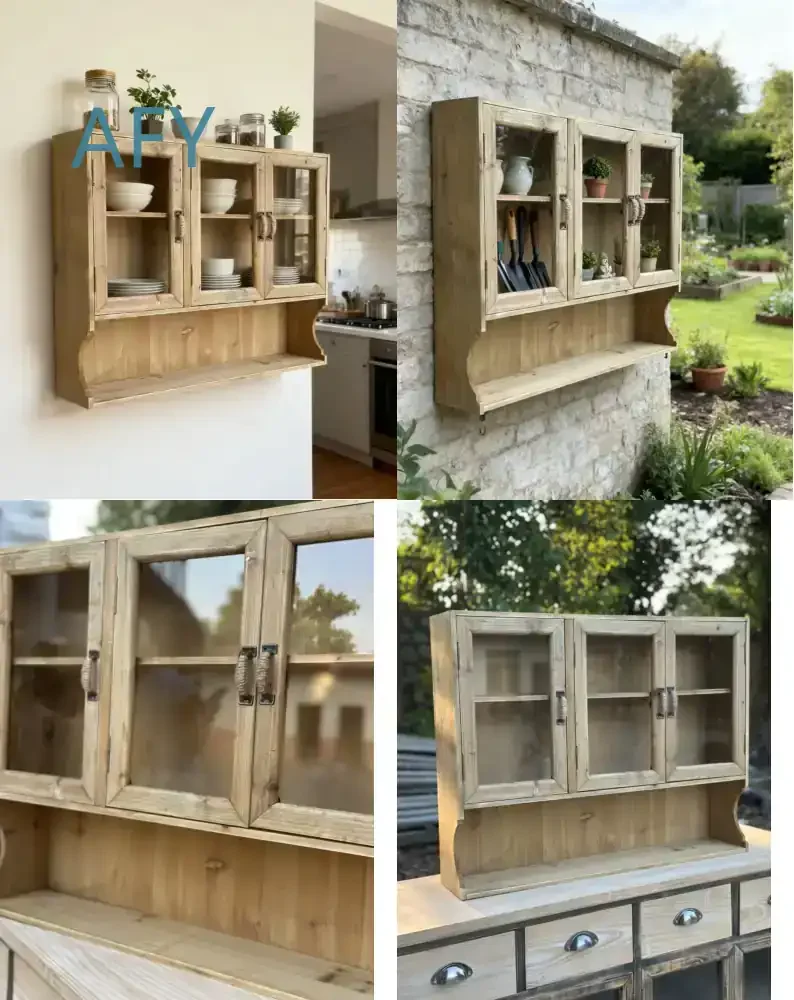 Rustic Wood Wall Cabinet with Glass Doors for Farmhouse Kitchen Storage 29.5x5.9x22.8 Inches Natural Wood Finish Wall Mounted