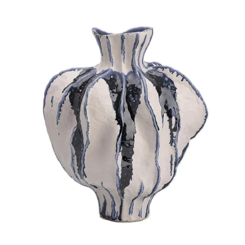 Wabi Sand Wind, Ban Qing Ceramic Vase Home Model Room Handmade Flower Art Flower Utensils Medieval Art Jewelry Ornament