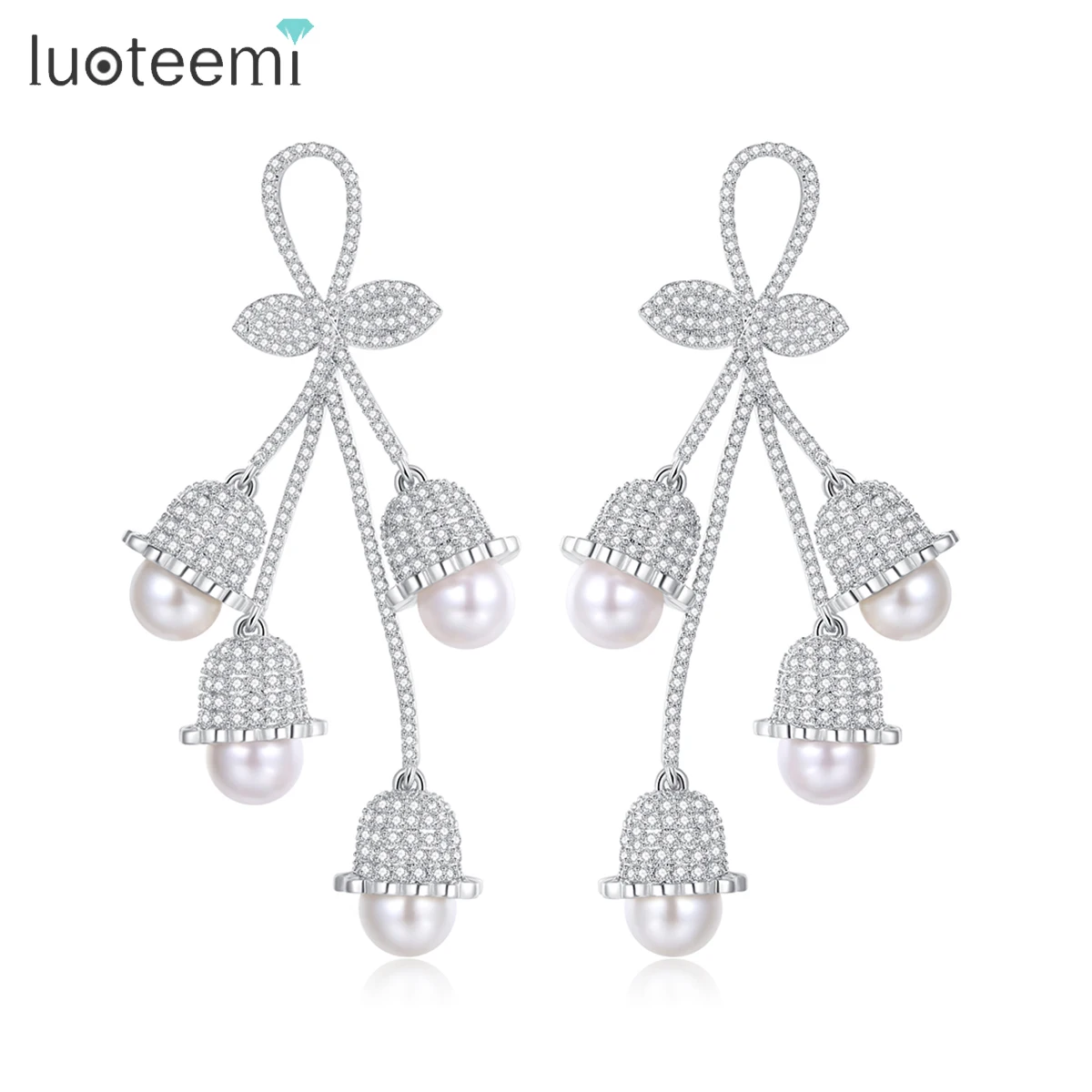 LUOTEEMI Elegant Cubic Zirconia Lily of The Valley Pearls Drop Earring for Women Romantic Wedding Bridal Engagement Accessories