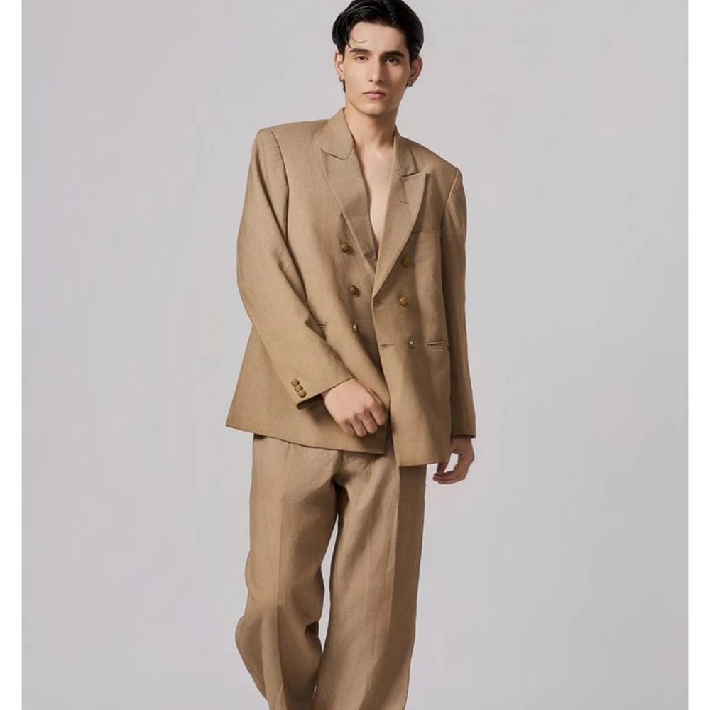 Ripe  Style Peak Lapel Double-Breasted Men Light Camel Suit 2 Piece Set Loose Fit Daily Office Commuter Male Clothing Outfits