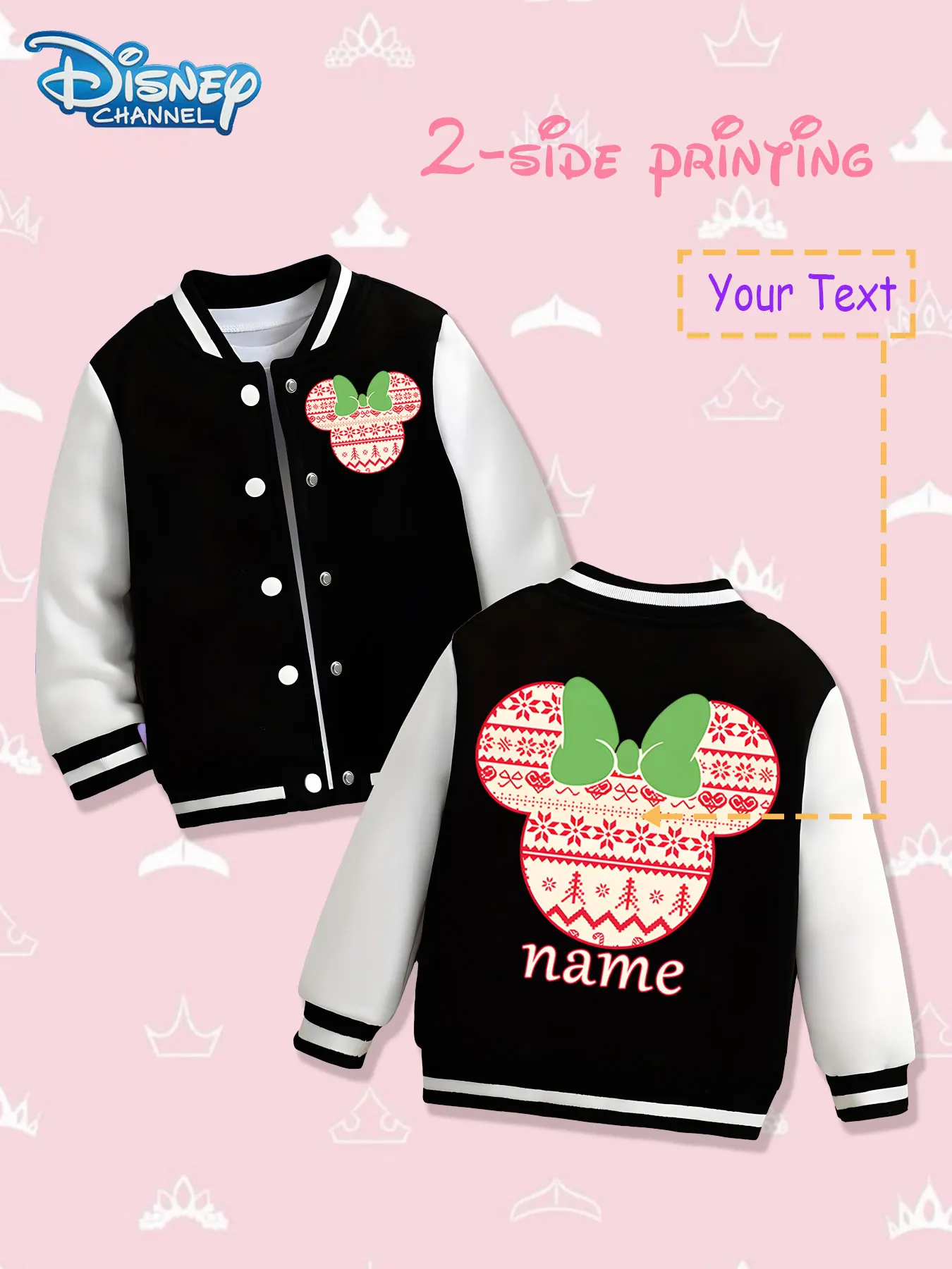 

MINISO Disney Christmas Minnie Girls Baseball Jacket - Double-sided Christmas theme print, warm and festive in autumn and winter