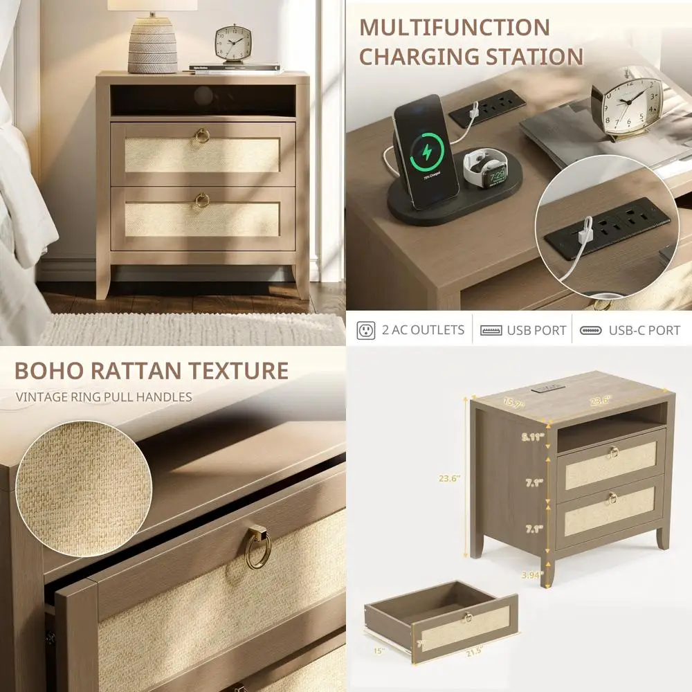 منضدة محطة شحن مقاس 23.6 بوصة مع درجين ورف تخزين، طراز الروطان البوهيمي لمساحات غرف النوم الصغيرة #1