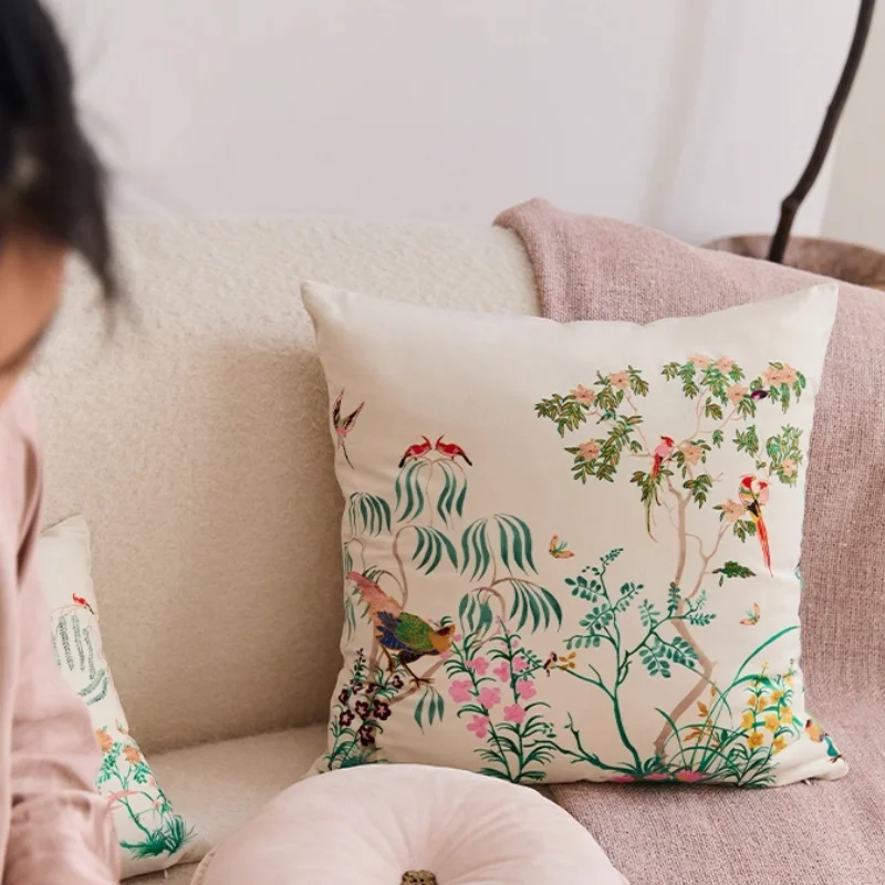 Chinese Painting Print Pillows Flora Birds Cushion Case Modern Art Decorative Pillow Cover For Sofa Chair Home Decorations