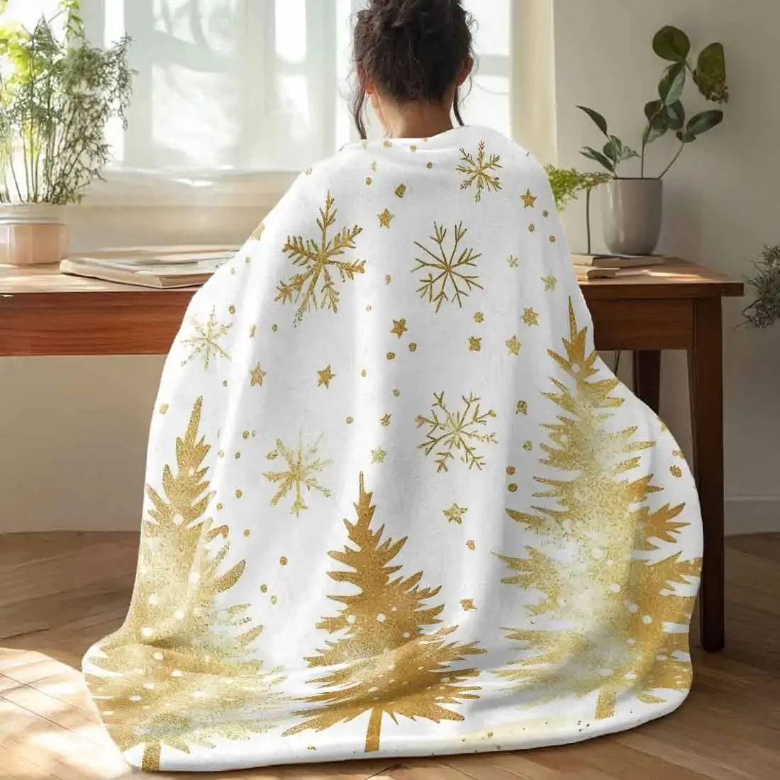 Golden Christmas Snowflakes Throw Blankets Warm Soft Plush Knee Blanket For Winter Office Bedroom Sofa Travel Gifts Home Decor