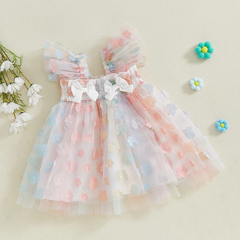 Toddler Girls Dress Flower Embellished Fly Sleeve Casual Dress Baby Summer Princess Dress