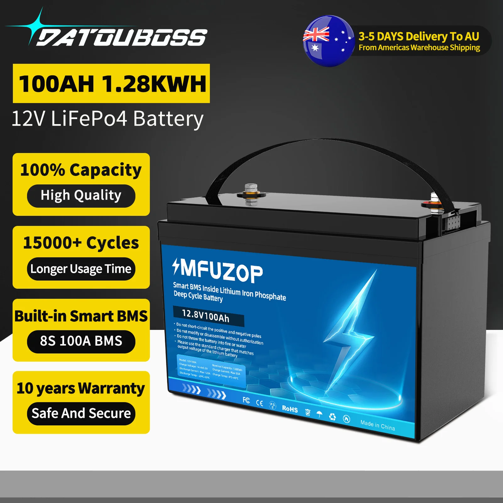 12V 100Ah LiFePO4 Battery, Deep Cycle Rechargeable Sealed Car Battery, Built-in BMS Home Energy Storage Power Supply