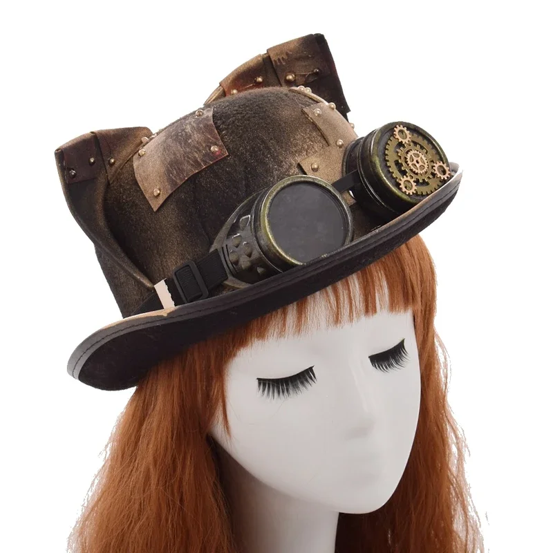 Cat Ears Hats Lolita Gothic Punk Steampunk Top Hat for Women Handmade Fedora Bowler with Goggles