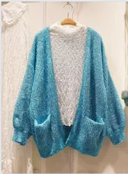 Elegante Cardigan con paillettes da donna soffice lucido con scollo a V allentato maniche a lanterna cappotti monopetto maglieria Chic femminile 2024