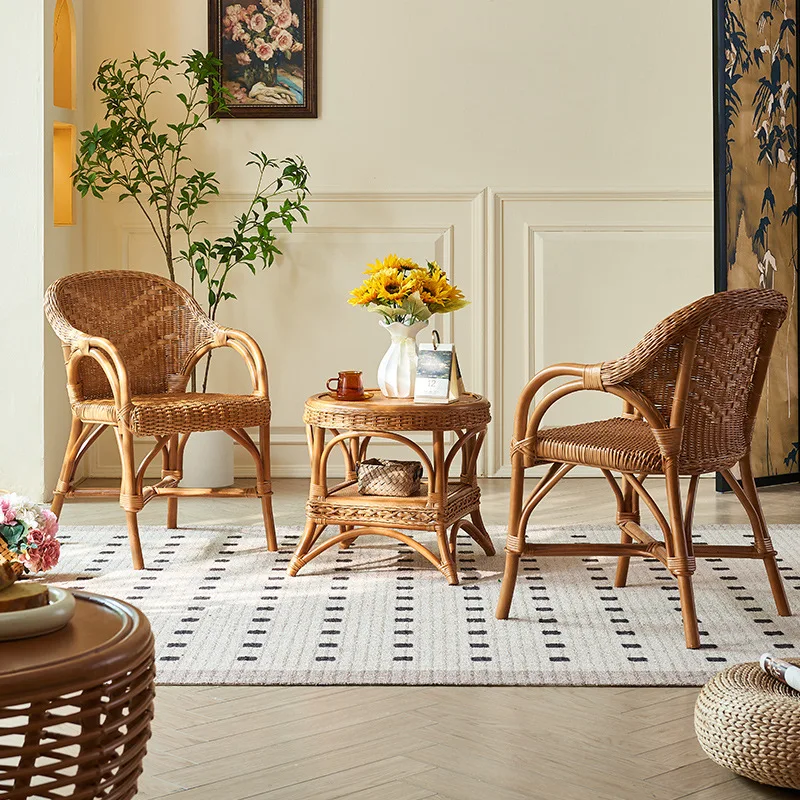 wabi-sandy wind plant rattan chair antique home living room leisure back chair B & B balcony chair tea table three-piece set