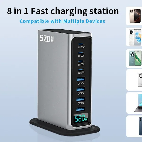 

520W Fast Charge 3.0 USB Type C Fast Charger Mobile 8-port 5C3A PD Charger Convenient To Carry Tablet Charger AI Digital Display