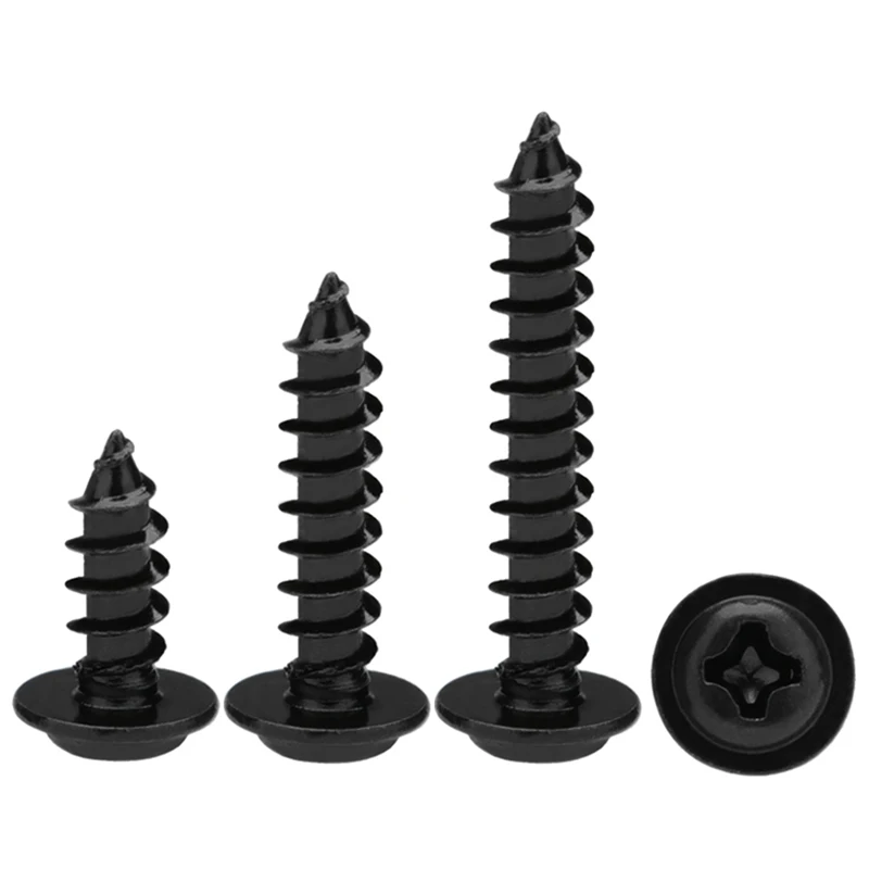 50/ 100/ 200pcs/lot M1.4 M1.7 M2 M2.5 M3  M3.5 M4 PWA  Black Phillips PWA Cross Round Head Self tapping Screws With Washer