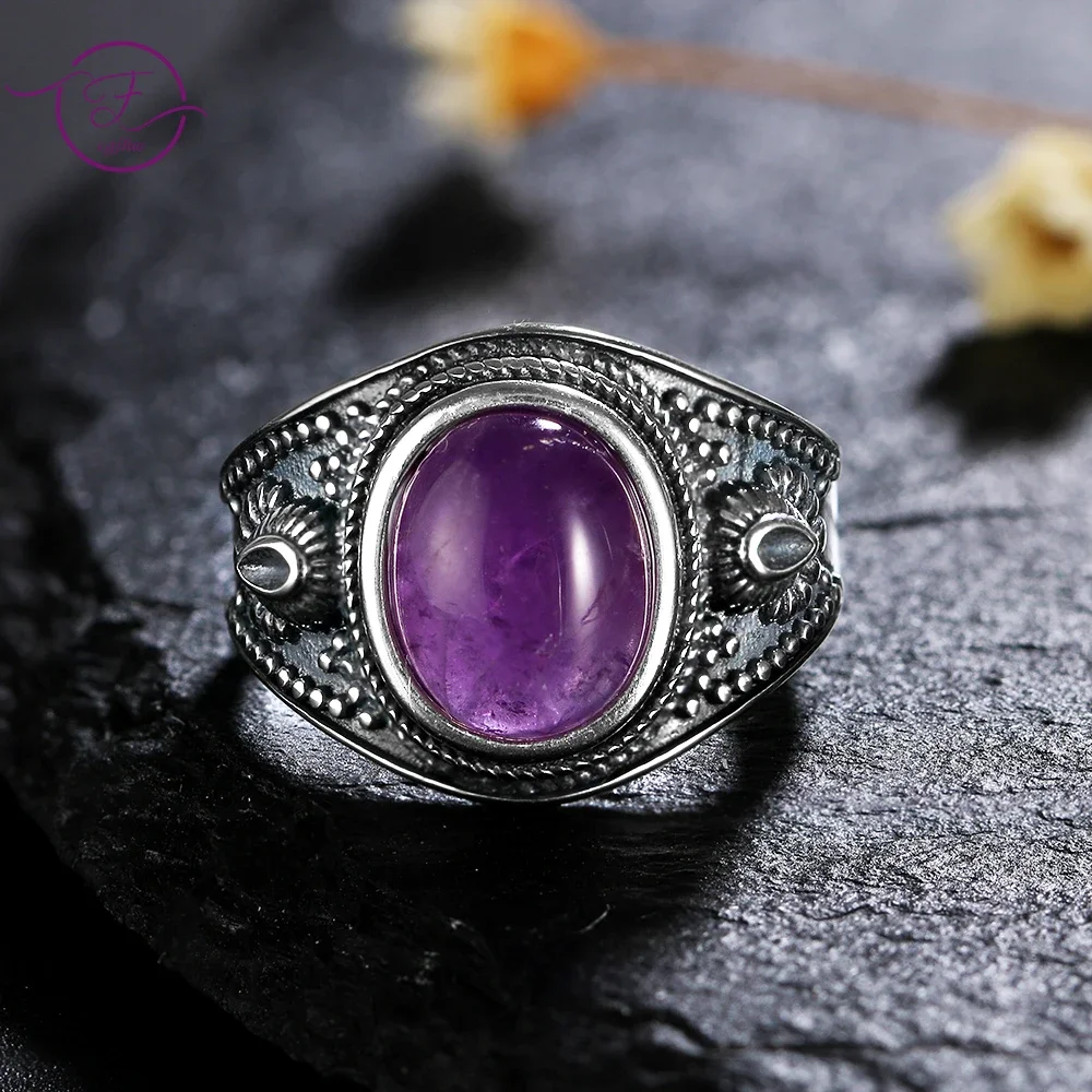 S925 Sterling Silver Rings 8*10MM Natural Amethyst Jewelry Party Anniversary Engagement Gifts Fine Jewelry for Women Men