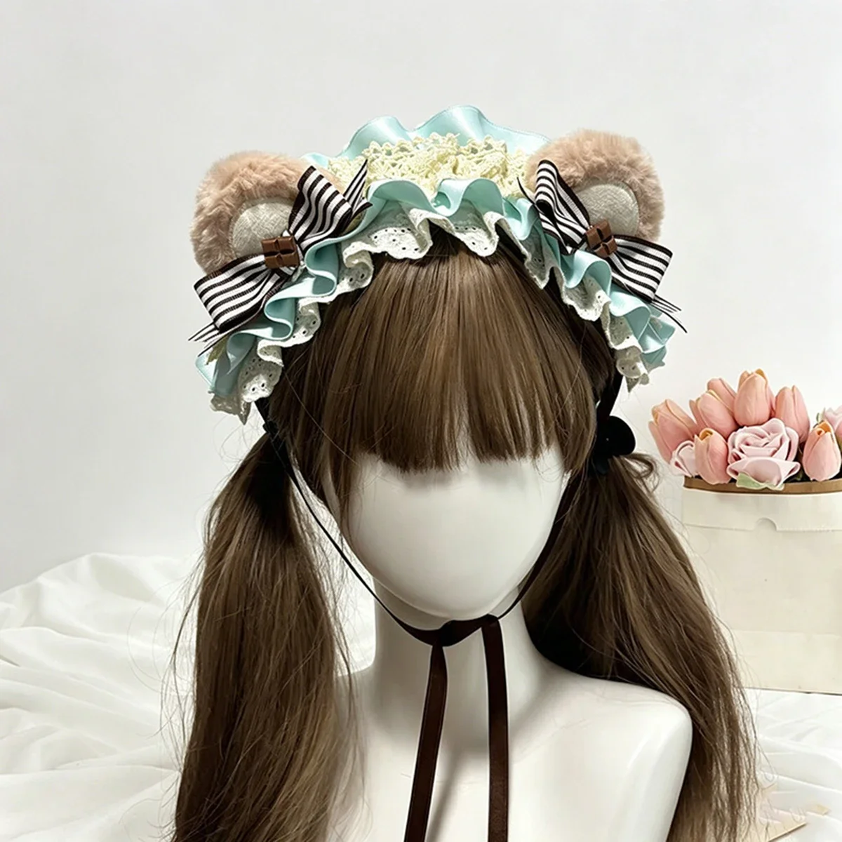 Cute Bear Ear Lolita Headband, Sweet Bow Headdress, Plush Bear Ears Hair Accessory for Lolita Tea Party Cosplay