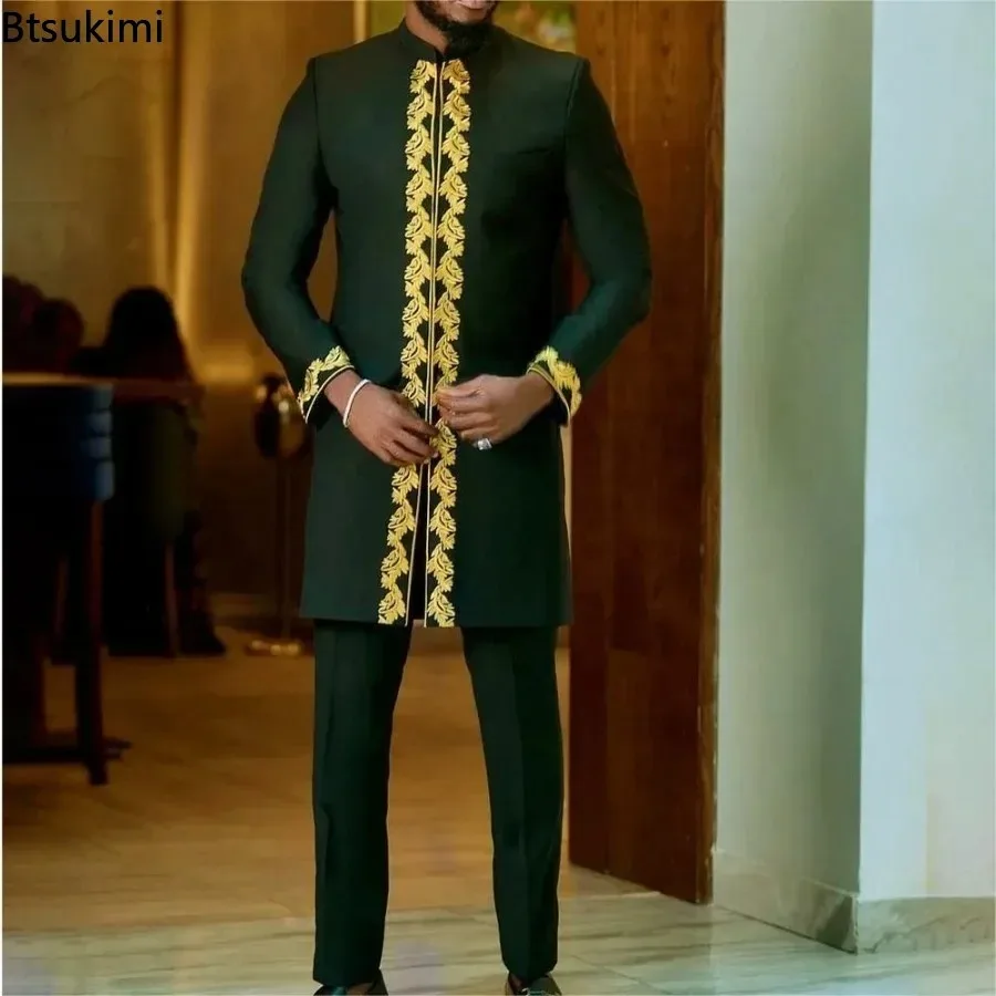 2026 Elegant Men's Muslim Sets African Style Kaftan High-end Embroidery Casual 2 Pieces Festive Wedding Traditional Men Clothes