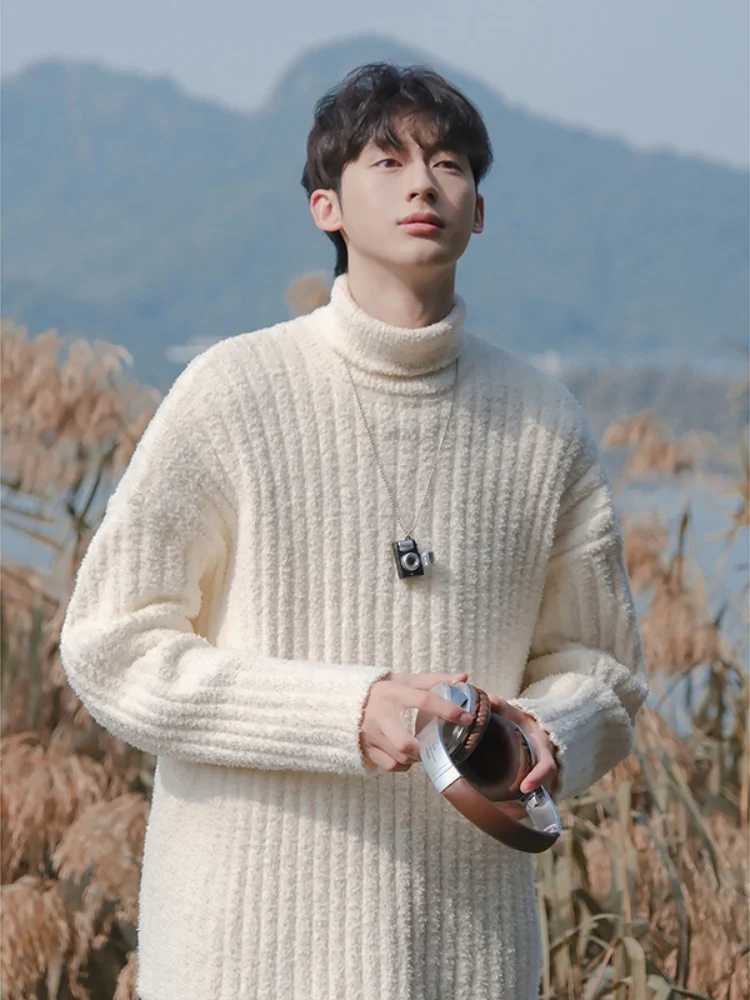 

Американский ретро-свитер с высоким воротником, свободный, утепленный, для подростков, зимний, вязаный, однотонный, повседневный, с длинными рукавами