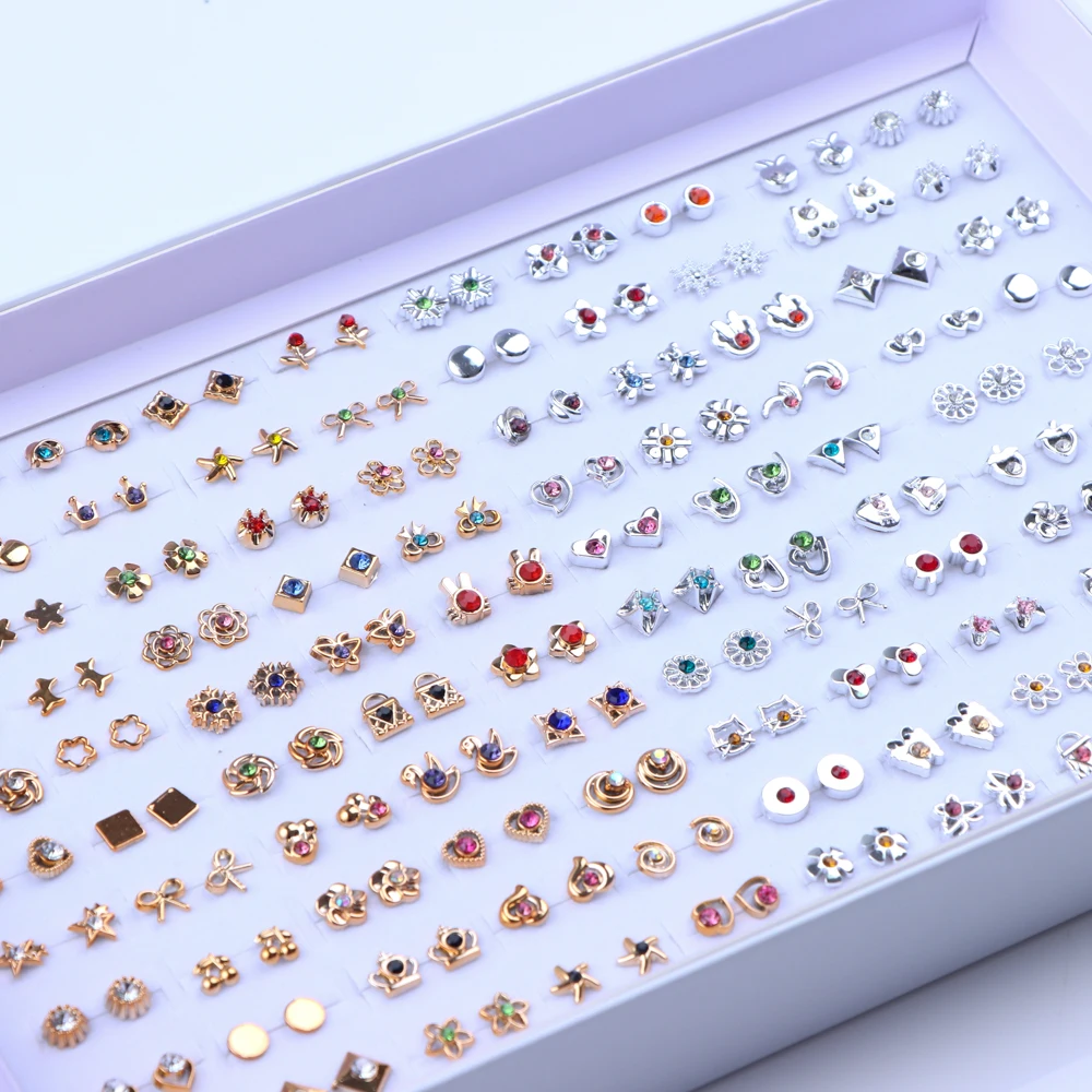 36Pairs/Lot Fashion Rhinestone Geometric Small Stud Earrings For Women Flower Heart Star Lady Jewelry Party Gifts Mixed Style