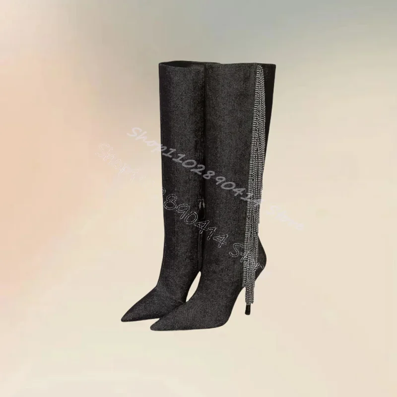 كريستال شرابات ديكور أسود أشار تو الأحذية الجانب سستة النساء أحذية رقيقة عالية الكعب رواية حفلة عيد 2024 Zapatos Para Mujere