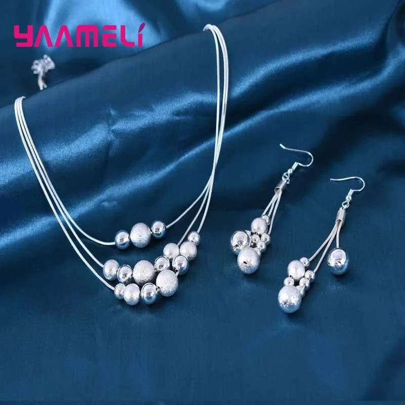 Pure 925 Sterling Silver Jewelry Sets for Women Party Accessories Multi-Layers Tassel Balls Design Dangler Earrings Necklace