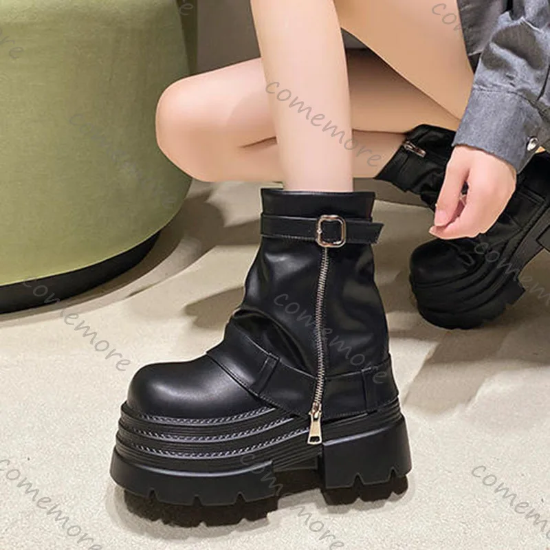 Comemore 10cm Height Increase Ankle Boots for Women Autumn Platform Punk Style Motorcycle Botines High Heel Western Botas Female