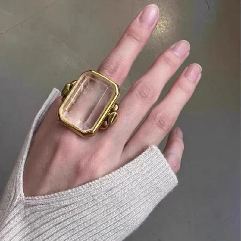 14K Gold-plated French retro fashion square sugar natural stone crystal ring exaggerated vacuum high-end feeling ring