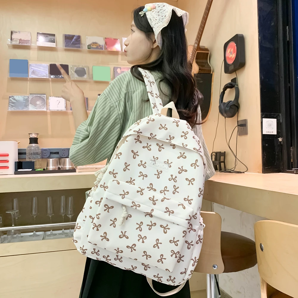 

Adjustable Strap Daypack Nylon Student Backpack Bow Printed for Girls Women Travel Bag Cute Knapsack Rucksack
