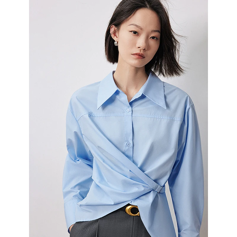 TOYOUTH Women Blouse Shirt 2024 Autumn New Twisted Tie Waist Solid Color Long Sleeve Turn Down Collar Fashion Blouse Tops