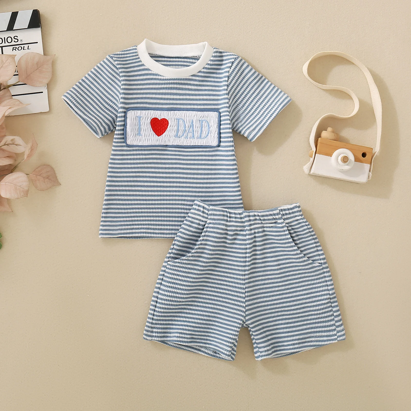 

Summer Unisex Infant Sky Blue Striped I Love Daddy Embroidered Short Sleeve T-Shirt & Shorts Two-Piece Set