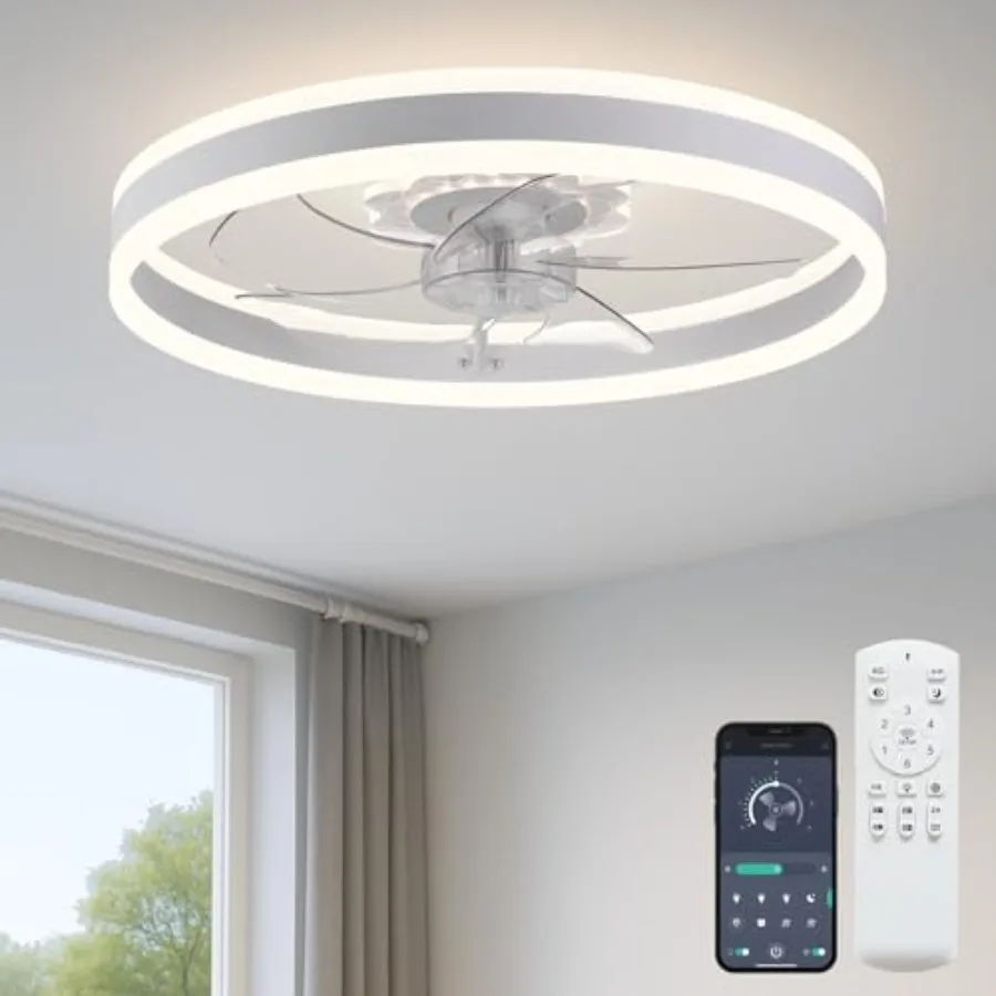 

Ceiling Fan with Light for Bedroom Living Room, White Low Profile Flush Mount Fan, 20'' 6-Speed Dimmable LED, Quiet DC Motor, A